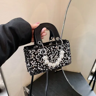 Summer Shiny Sequin Pearl Strap Crossbody Mini Bag
