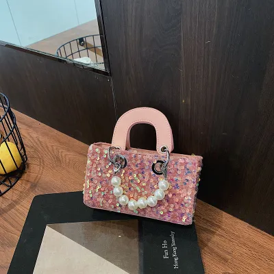 Summer Shiny Sequin Pearl Strap Crossbody Mini Bag