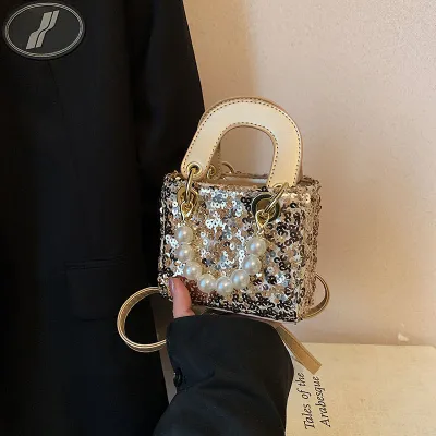 Summer Shiny Sequin Pearl Strap Crossbody Mini Bag