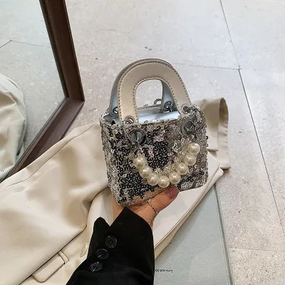 Summer Shiny Sequin Pearl Strap Crossbody Mini Bag