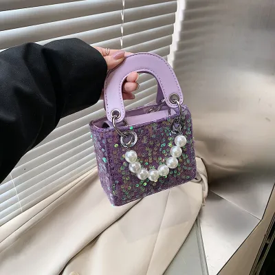 Summer Shiny Sequin Pearl Strap Crossbody Mini Bag