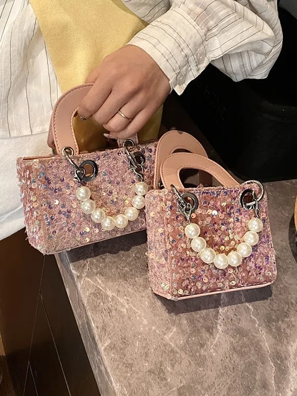 Summer Shiny Sequin Pearl Strap Crossbody Mini Bag