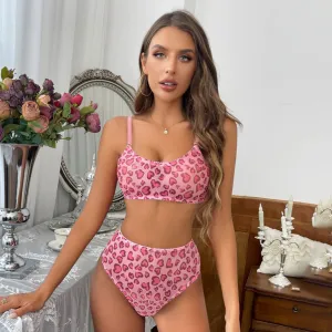 Women Fashion Leopard Mesh Sexy Lingerie Set