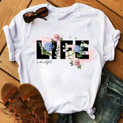 Women Casual Printed Street Hipster Polyester Loose Fit Crewneck Short Sleeve T-Shirt