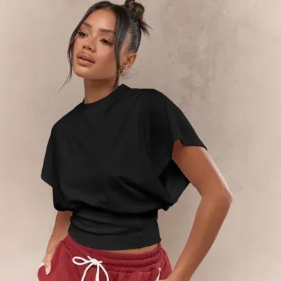 Women Casual Solid Color Short-Sleeve Tight Waist T-Shirt