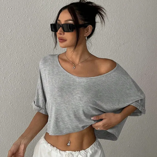 Women Casual Loose Fit Short Sleeve T-Shirt - Street Hipster Style, Solid Color, Polyester