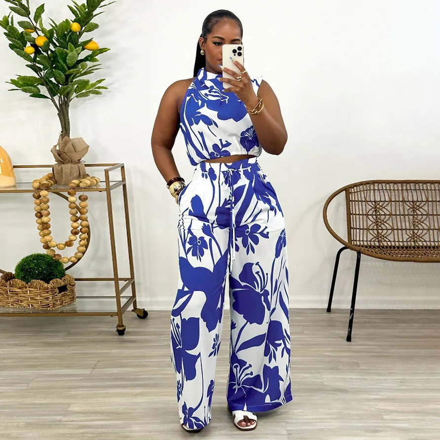 Women Casual Printed Sleeveless Tank Top Pocket Wide Leg Pants Two-Piece Set