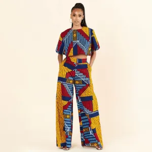 Women Casual Geometric Printed Short-Sleeve T-Shirt Wide-Leg Pants Two-Piece Set