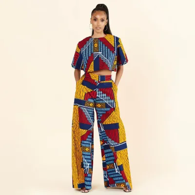 Women Casual Geometric Printed Short-Sleeve T-Shirt Wide-Leg Pants Two-Piece Set