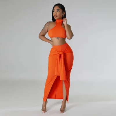 Women Fashion Sexy Solid Color Sleeveless Crop Top Split Lace-Up Skirt Set