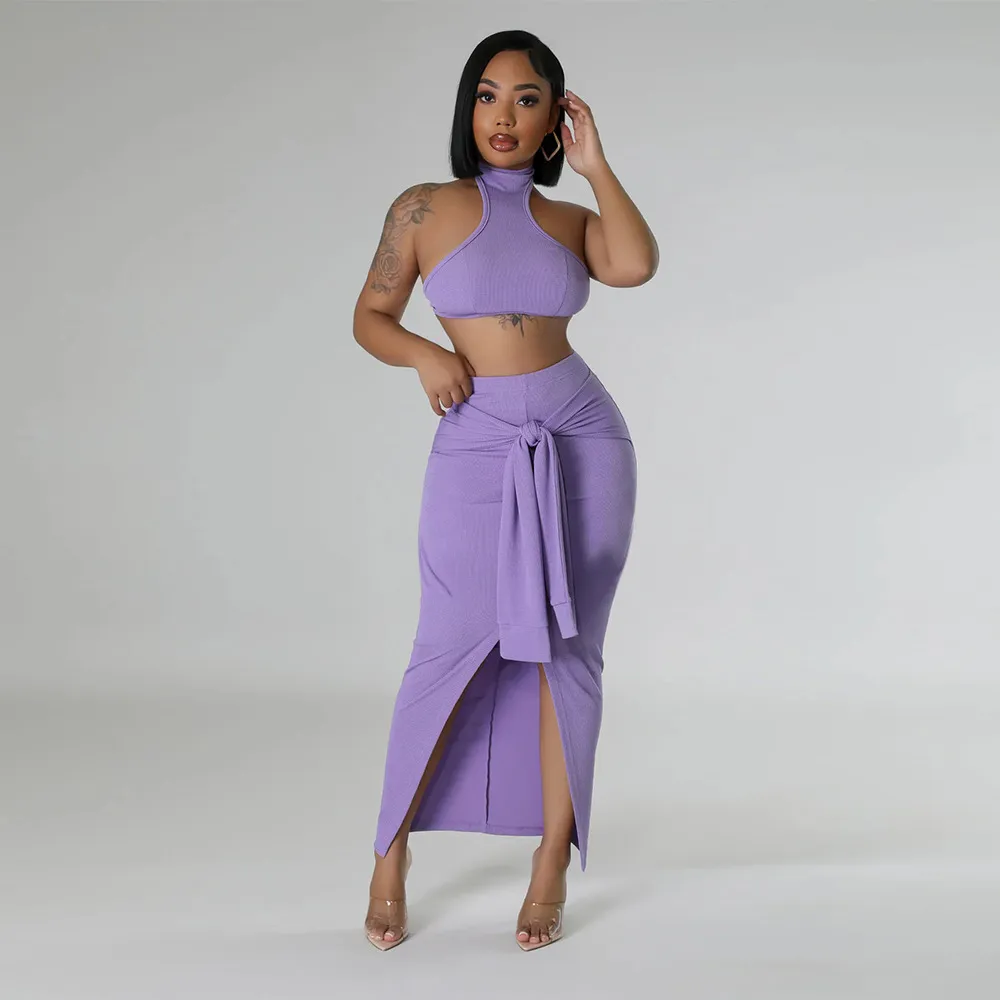 Women Fashion Sexy Solid Color Sleeveless Crop Top Split Lace-Up Skirt Set