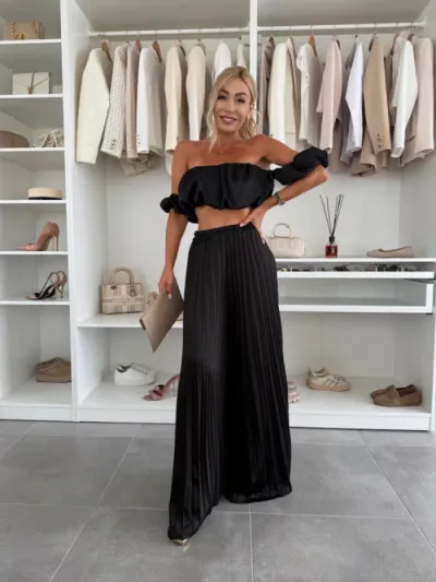 Women Fashion Sexy Solid Color Tube Top Pleated Wide-Leg Pants Two-Piece Set