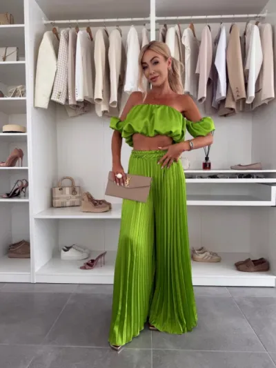 Women Fashion Sexy Solid Color Tube Top Pleated Wide-Leg Pants Two-Piece Set
