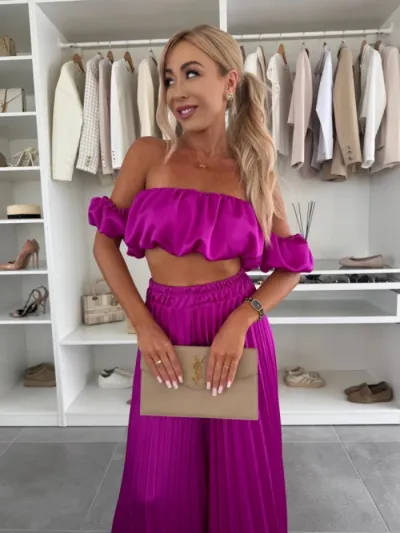 Women Fashion Sexy Solid Color Tube Top Pleated Wide-Leg Pants Two-Piece Set
