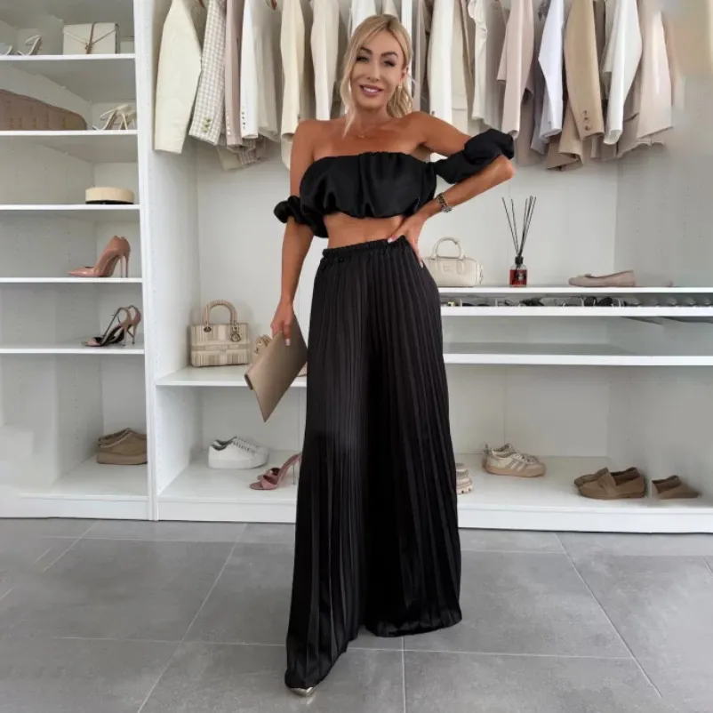 Women Fashion Sexy Solid Color Tube Top Pleated Wide-Leg Pants Two-Piece Set
