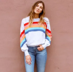 Women Casual Rainbow Stripe Pullover Sweatshirt