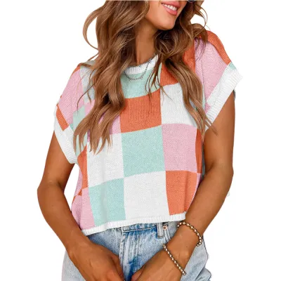 Women Fashion Casual Color Block Geometric Pattern Round Neck Short Sleeve Knitted Pullover Top