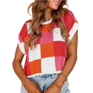 Women Fashion Casual Color Block Geometric Pattern Round Neck Short Sleeve Knitted Pullover Top