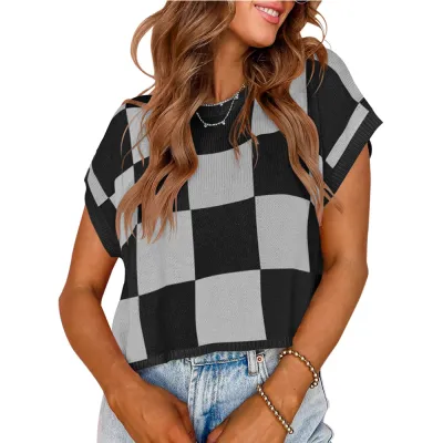 Women Fashion Casual Color Block Geometric Pattern Round Neck Short Sleeve Knitted Pullover Top