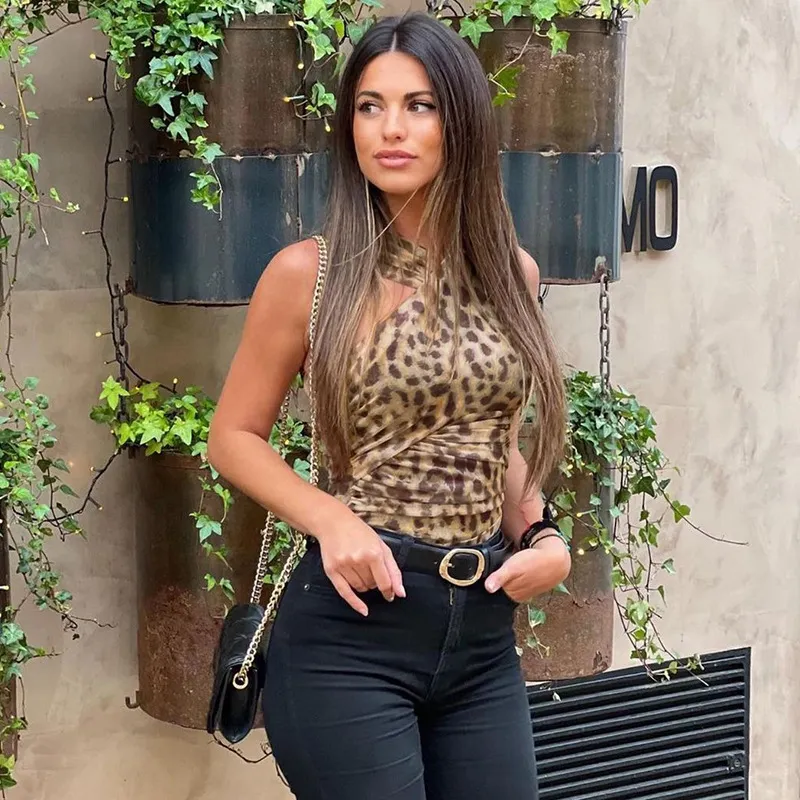 Women Fashion Sexy Leopard Mesh Asymmetrical Sleeveless Slim-Fit Bodysuits