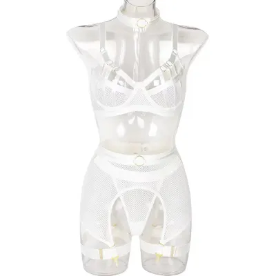 Women Fashion Solid Color Hollow-Out Metal Buckle Sexy Lingerie Four-Piece Set