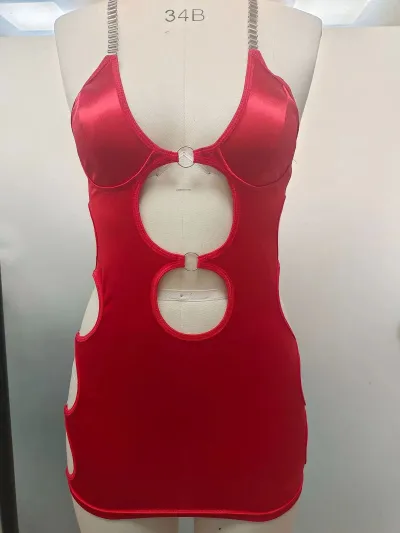 Women Fashion Solid Color Metal Chain Hollow-Out Backless Sexy Lingerie Set