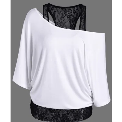 Women Plus Size Lace Splicing Slanted Shoulder Bat Sleeve T-Shirt Elegant Style