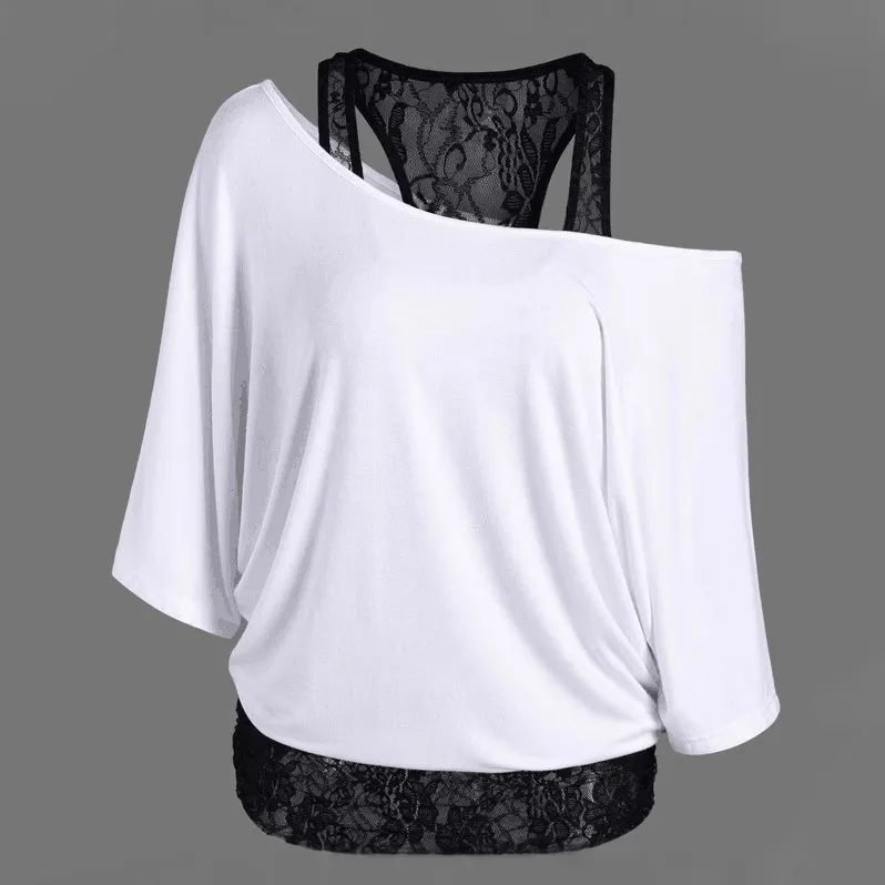 Women Plus Size Lace Splicing Slanted Shoulder Bat Sleeve T-Shirt Elegant Style