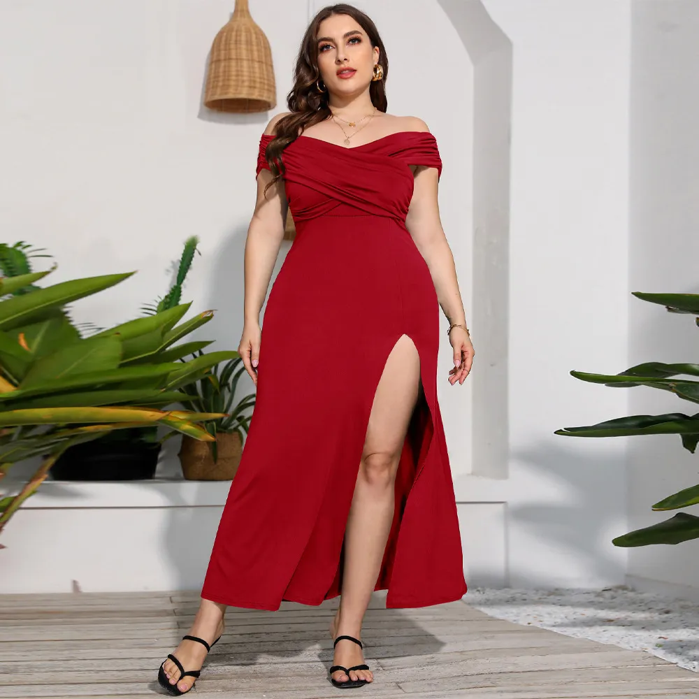 Women Fashion Sexy Solid Color Plus Size Off-The-Shoulder Split A-Line Dress