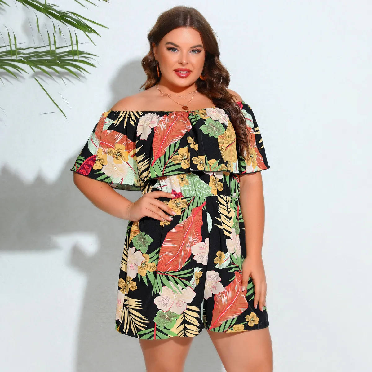 Women Plus Size Floral-Print Off Shoulder Loose Rompers