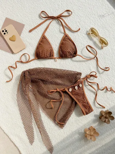 Women Sexy Hollow-Out Halter-Neck Swimsuit Three-Piece Set Solid Color