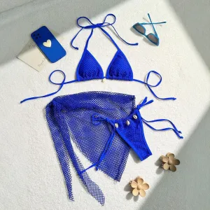Women Sexy Hollow-Out Halter-Neck Swimsuit Three-Piece Set Solid Color