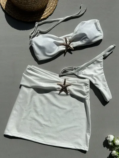 Women Fashion Sexy Solid Color Starfish Buckle Swimsuit Three-Piece Set