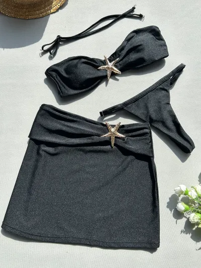Women Fashion Sexy Solid Color Starfish Buckle Swimsuit Three-Piece Set