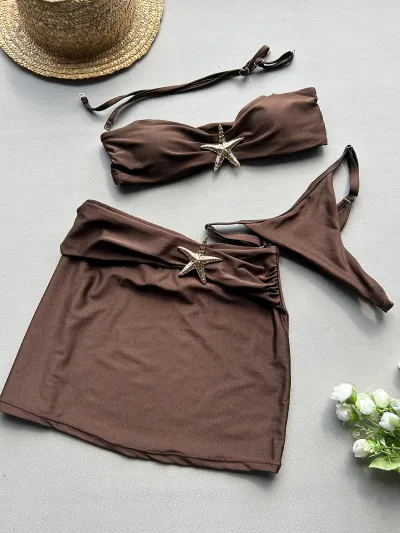 Women Fashion Sexy Solid Color Starfish Buckle Swimsuit Three-Piece Set