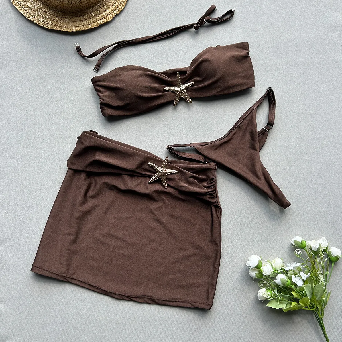 Women Fashion Sexy Solid Color Starfish Buckle Swimsuit Three-Piece Set