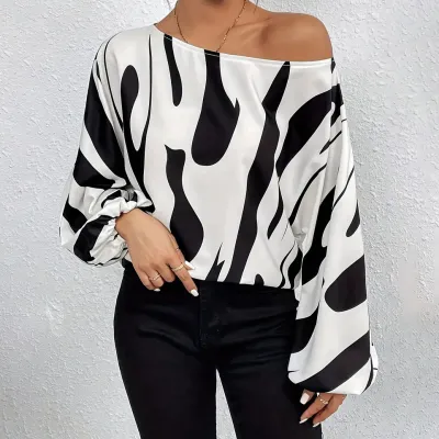 Women Fashion Casual Geometric Print Long-Sleeve Loose Blouse
