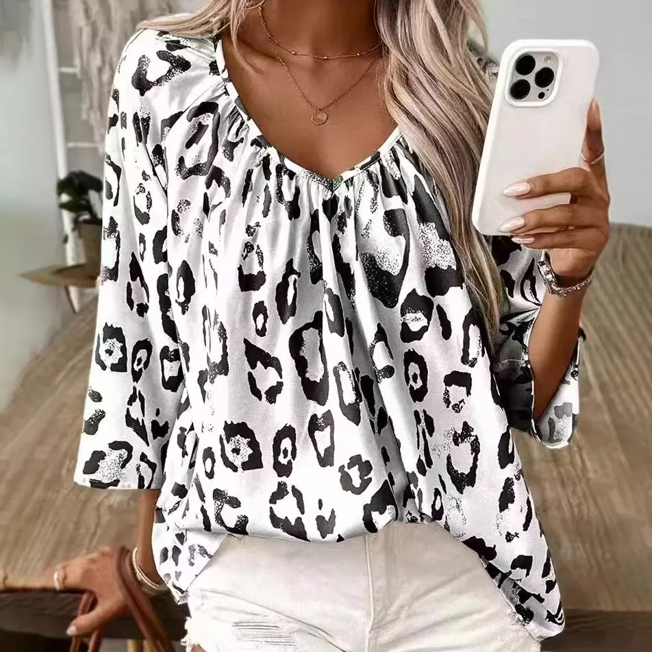 Women Casual Pleated Leopard Print V-Neck Long-Sleeve Blouse
