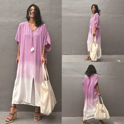 Women Casual Gradient Cotton Short-Sleeve Loose Swimsuit Cover-Ups