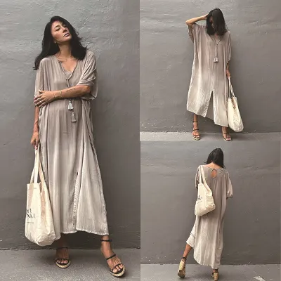 Women Casual Gradient Cotton Short-Sleeve Loose Swimsuit Cover-Ups