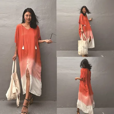 Women Casual Gradient Cotton Short-Sleeve Loose Swimsuit Cover-Ups