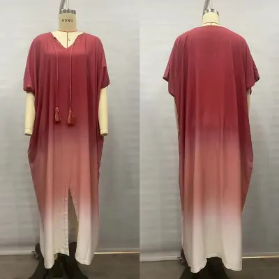 Women Casual Gradient Cotton Short-Sleeve Loose Swimsuit Cover-Ups