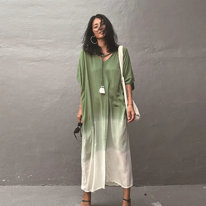 Women Casual Gradient Cotton Short-Sleeve Loose Swimsuit Cover-Ups
