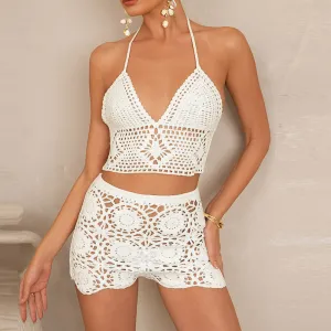 Women Fashion Sexy Solid Color Hollow-Out Halter-Neck Lace-Up Tankini Swimsuit