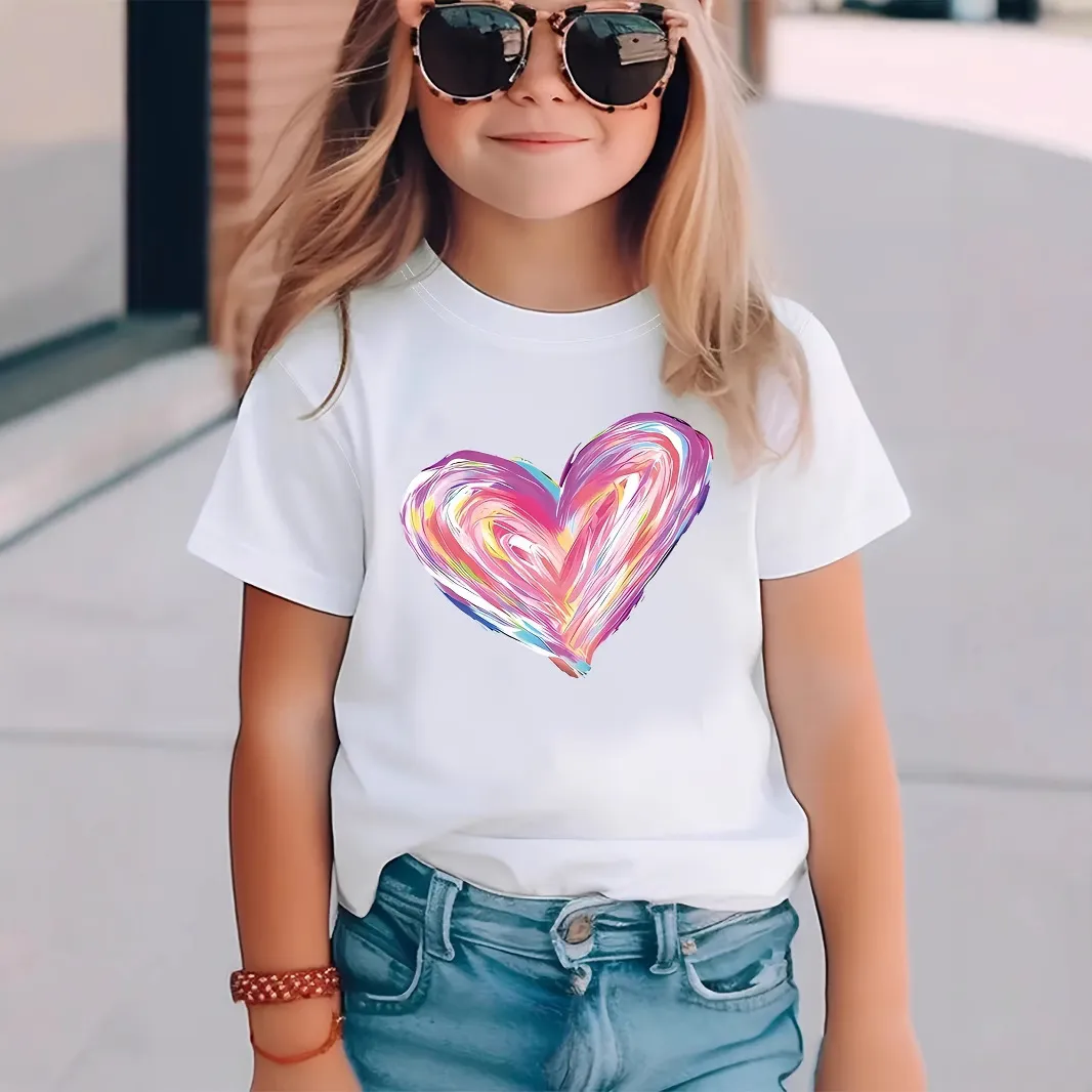 Kids Toddler Girls Cute Versatile Heart Print Short Sleeve T-Shirt