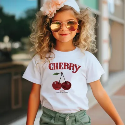 Kids Toddler Girls Casual Cherry Print Short Sleeve T-Shirt Round Neck