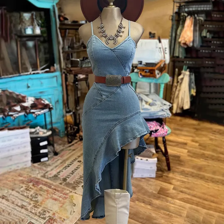 Women Fashion Sexy Irregular V-Neck Spaghetti Strap Denim Dress