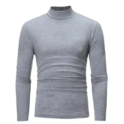 Men Casual Solid Color Long Sleeve Turtle Neck Pullover T-Shirt