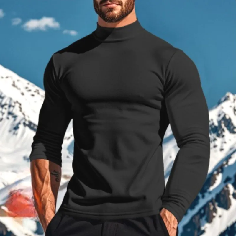 Men Casual Solid Color Long Sleeve Turtle Neck Pullover T-Shirt