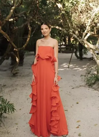 Women Fashion Holiday Solid Color Tube Top Pleated Maxi Dress